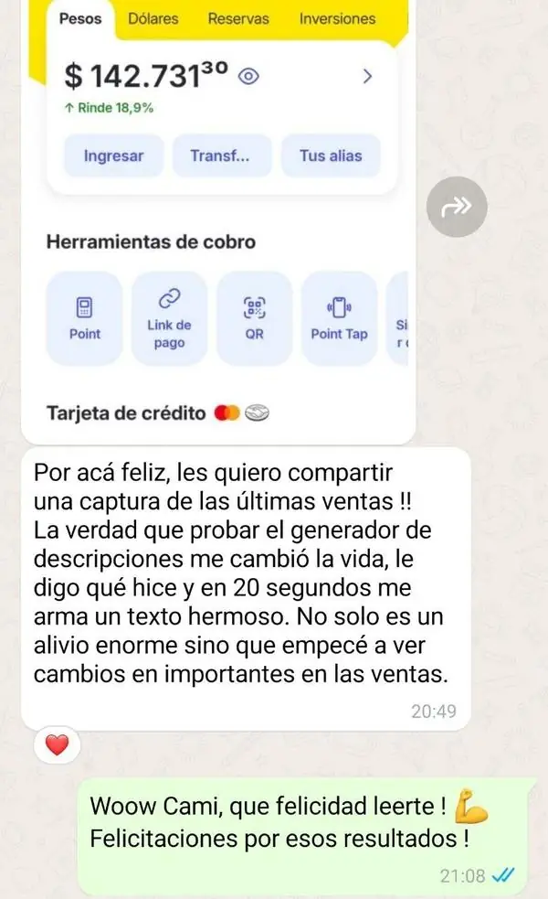 Mensaje de una creadora que aumentó sus ventas usando el generador de descripciones