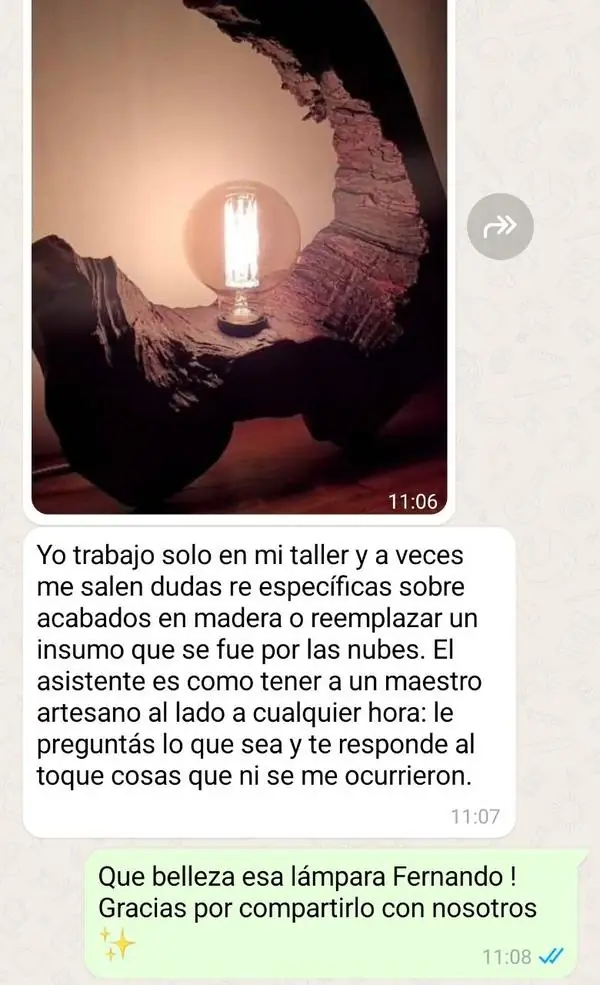 Mensaje de un artesano de la madera que resuelve sus dudas con el asistente