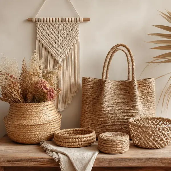 Canastos y bolsos tejidos a mano con fibras naturales
