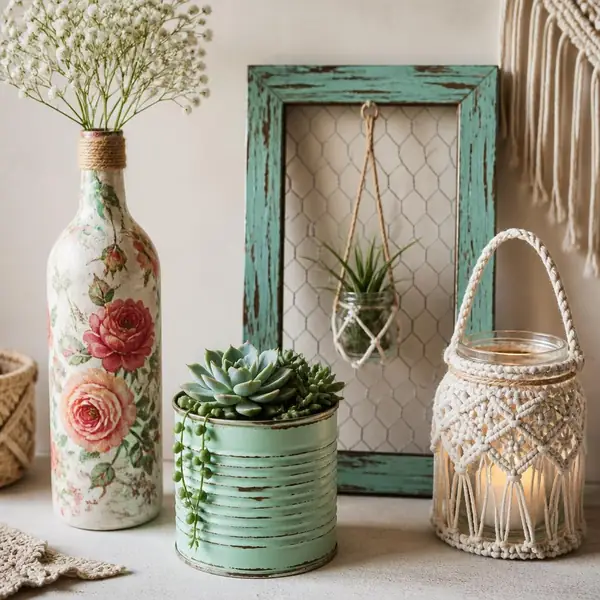Objetos de decoración hechos con materiales reciclados
