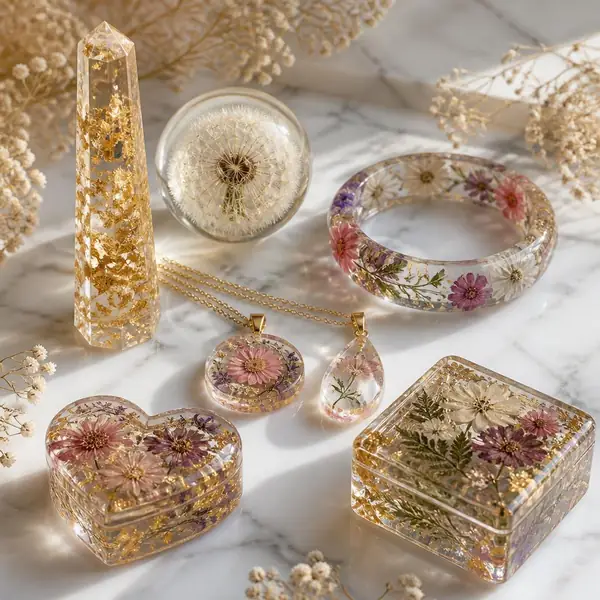 Piezas de resina con flores secas sobre mesa de madera