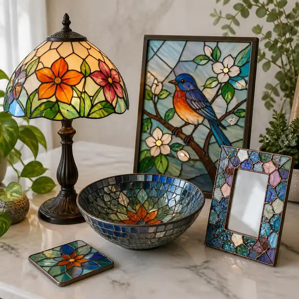 Vitral artesanal de vidrios de colores iluminado